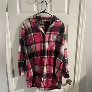 Thick pink/black/white flannel button up shirt
